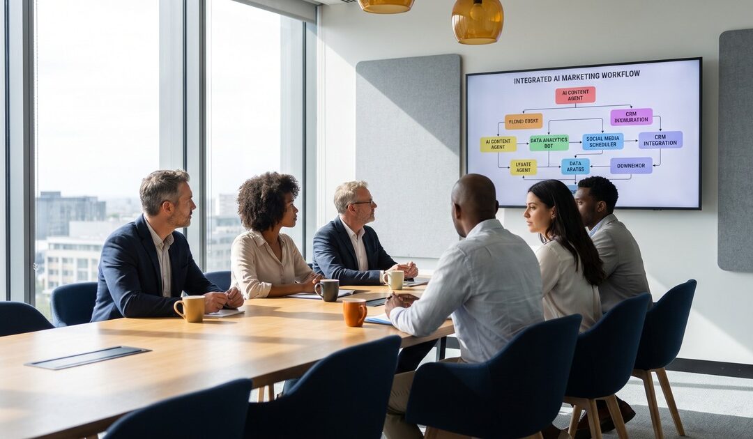 Modern digital marketing team reviewing automated AI marketing workflows on a conference room screen