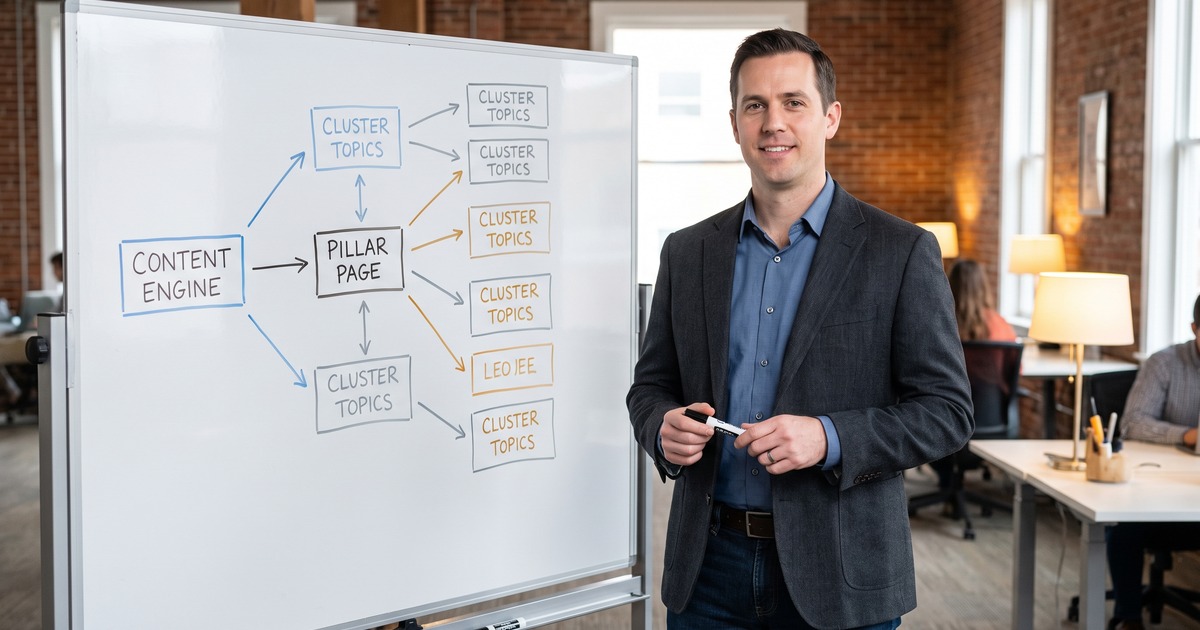 A marketing strategist designing AI marketing workflows on a physical office whiteboard